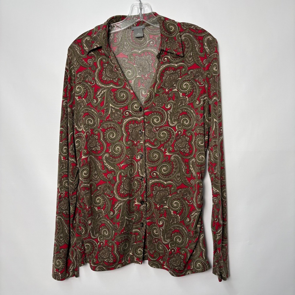 Ann Taylor Womens XL Red Brown Paisley Button Down Long Sleeve Stretch Shirt